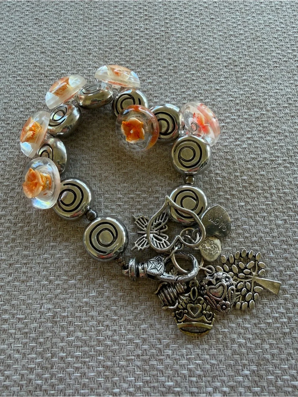 Multi Charm Beaded Vintage Lampwork Buttons Bracelet Family Mom Themed Charms